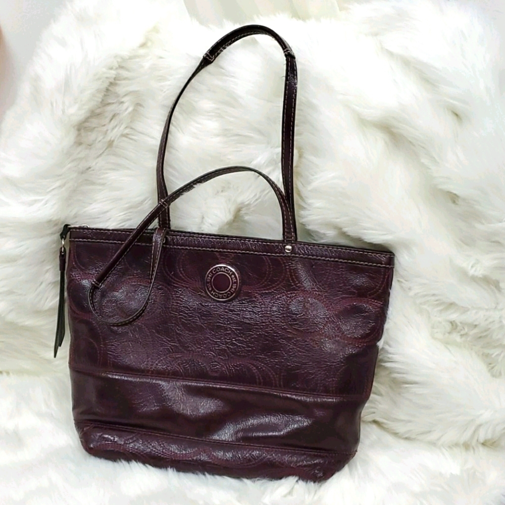 Coach patent leather signature shoulder purse bag cherry color